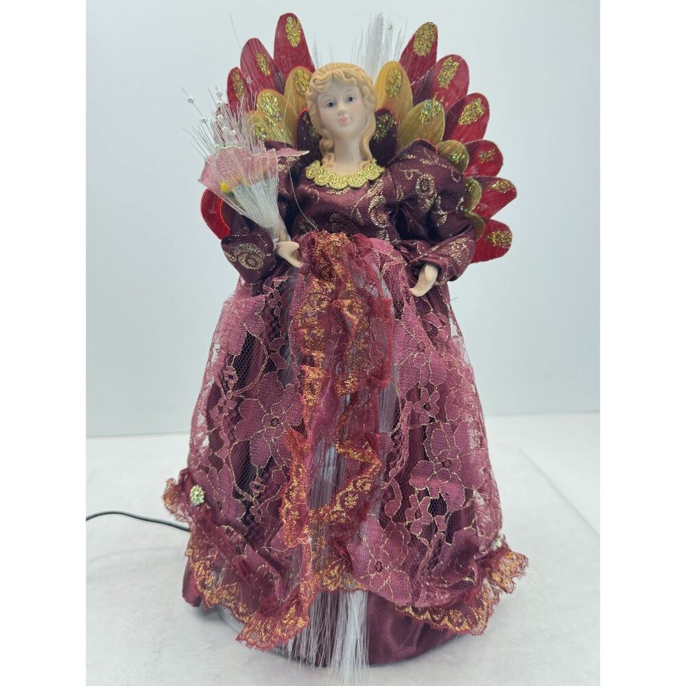 Fiber Optic Angel Tree Topper Porcelain Burgundy Color-changing Christmas 13"